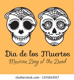 Set Calavera Wite and black sign Dia de los muertos. Mexican Day of the dead. Vector hand drawing illustration man sticker on orange color background