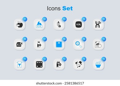 Set Calcium, Lactose intolerance, Kcal, Women waist, Salad bowl, Diet plan, Apple and measuring tape and Bathroom scales icon. Vector