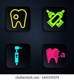 Set Calcium for tooth, Tooth with caries, Tooth drill and Crossed tube of toothpaste. Black square button. Vector