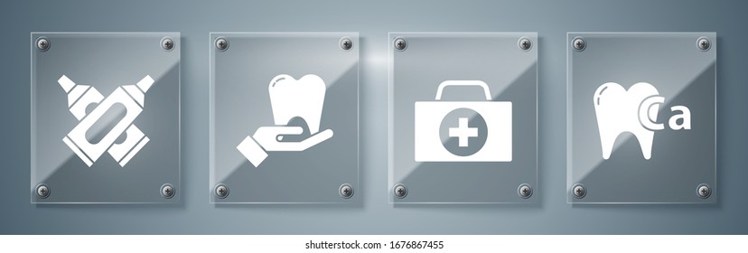 Set Calcium for tooth, First aid kit, Tooth and Crossed tube of toothpaste. Square glass panels. Vector