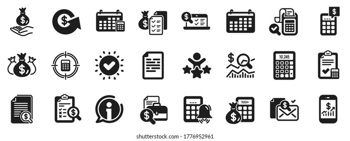 Set of Calculation, Check investment. Accounting report icons. Calendar, Banking account and Finance report documents icons. Bill, Calculate income and Wealth auditing signs. Vector