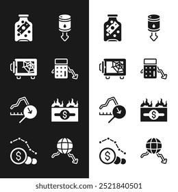 Set Calculation of expenses, Safe, Glass money jar with coin, Drop crude oil price, Global economic crisis, Burning dollar bill,  and Dollar rate decrease icon. Vector