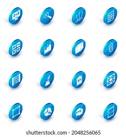 Set Calculation, Graph, schedule, chart, diagram, Calculator, Abacus, Paper clip and Geometric figure Cube icon. Vector
