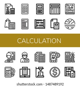 Set of calculation icons such as Calculator, Abacus, Calculus, Equator, Analyst, Broker, Accounting, Budget , calculation