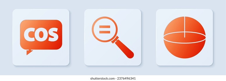 Set Calculation, Mathematics function cosine and Geometric figure Sphere. White square button. Vector
