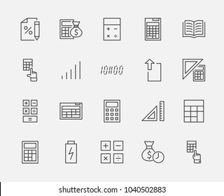 Set Of Calculation Vector Line Icons. Contains Such Icons As Calculator Icon, Pencil, Click, Money Bag, Percent Symbol, Square And Ruler. Editable Stroke. 32x32 Pixel Perfect.