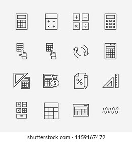 Set Of Calculation Vector Line Icons. Contains Such Icons As Calculator Icon, Pencil, Click, Money Bag, Percent Symbol, Square And Ruler. Editable Stroke. 32x32 Pixel Perfect.