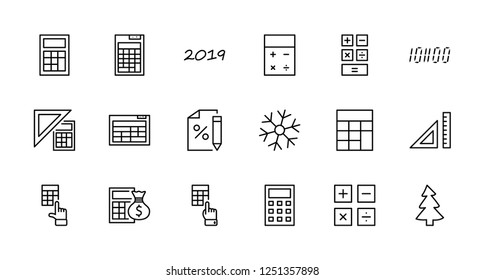 Set of Calculation Vector Line Icons. Contains such Icons as Calculator Icon, Pencil, Click, Money Bag, Percent symbol, Square and Ruler. Editable Stroke. 32x32 Pixel Perfect.