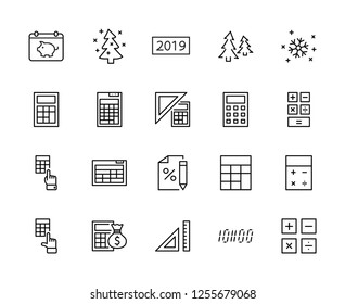 Set of Calculation Vector Line Icons. Contains such Icons as Calculator Icon, Pencil, Click, Money Bag, Percent symbol, Square and Ruler. Editable Stroke. 32x32 Pixel Perfect.
