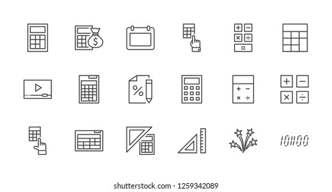 Set Of Calculation Vector Line Icons. Contains Such Icons As Calculator Icon, Pencil, Click, Money Bag, Percent Symbol, Square And Ruler. Editable Stroke. 32x32 Pixel Perfect.