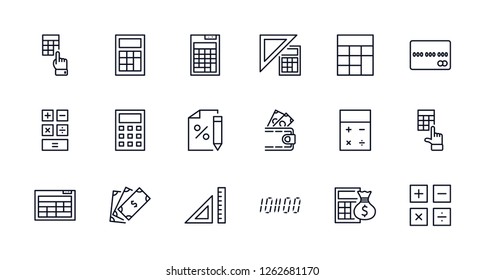 Set of Calculation Vector Line Icons. Contains such Icons as Calculator Icon, Pencil, Click, Money Bag, Percent symbol, Square and Ruler. Editable Stroke. 32x32 Pixel Perfect.