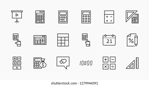 Set Of Calculation Vector Line Icons. Contains Such Icons As Calculator Icon, Pencil, Click, Money Bag, Percent Symbol, Square And Ruler. Editable Stroke. 32x32 Pixel Perfect.