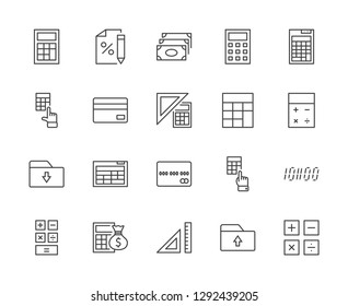 Set Of Calculation Vector Line Icons. Contains Such Icons As Calculator Icon, Pencil, Click, Money Bag, Percent Symbol, Square And Ruler. Editable Stroke. 32x32 Pixel Perfect.