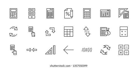 Set of Calculation Vector Line Icons. Contains such Icons as Calculator Icon, Pencil, Click, Money Bag, Percent symbol, Square and Ruler. Editable Stroke. 32x32 Pixel Perfect.