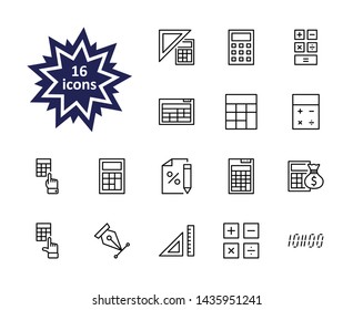 Set of Calculation Vector Line Icons. Contains such Icons as Calculator Icon, Pencil, Click, Money Bag, Percent symbol, Square and Ruler. Editable Stroke. 32x32 Pixel Perfect.