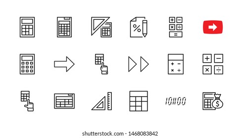 Set of Calculation Vector Line Icons. Contains such Icons as Calculator Icon, Pencil, Click, Money Bag, Percent symbol, Square and Ruler. Editable Stroke. 32x32 Pixel Perfect.