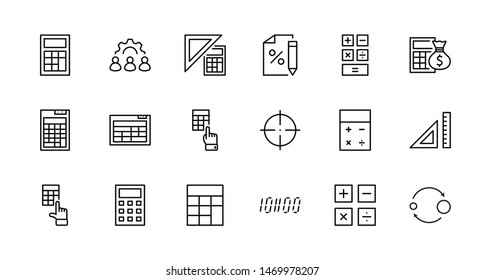 Set of Calculation Vector Line Icons. Contains such Icons as Calculator Icon, Pencil, Click, Money Bag, Percent symbol, Square and Ruler. Editable Stroke. 32x32 Pixel Perfect.