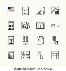 Set of Calculation Vector Line Icons. Contains such Icons as Calculator Icon, Pencil, Click, Money Bag, Percent symbol, Square and Ruler. Editable Stroke. 32x32 Pixel Perfect.