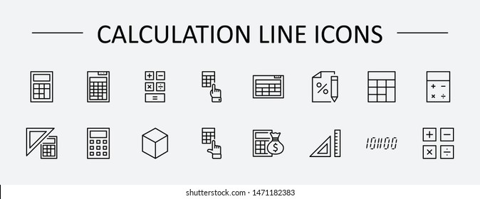 Set of Calculation Vector Line Icons. Contains such Icons as Calculator Icon, Pencil, Click, Money Bag, Percent symbol, Square and Ruler. Editable Stroke. 32x32 Pixel Perfect.