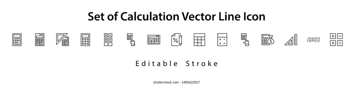 Set of Calculation Vector Line Icons. Contains such Icons as Calculator Icon, Pencil, Click, Money Bag, Percent symbol, Square and Ruler. Editable Stroke. 32x32 Pixel Perfect.