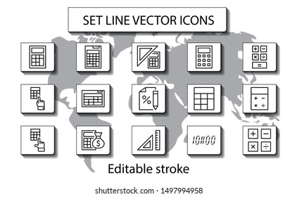 Set of Calculation Vector Line Icons. Contains such Icons as Calculator Icon, Pencil, Click, Money Bag, Percent symbol, Square and Ruler. Editable Stroke. 32x32 Pixel Perfect.