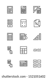 Set of Calculation Vector Line Icons. Contains such Icons as Calculator Icon, Pencil, Click, Money Bag, Percent symbol, Square and Ruler. Editable Stroke. 32x32 Pixel Perfect.