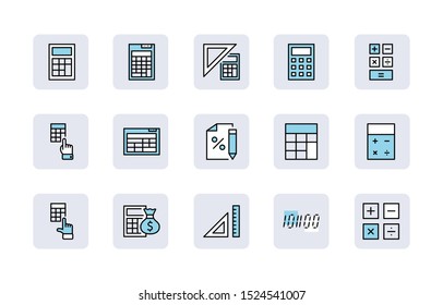 Set Of Calculation Vector Line Icons. Contains Such Icons As Calculator Icon, Pencil, Click, Money Bag, Percent Symbol, Square And Ruler. Editable Stroke. 32x32 Pixel Perfect.