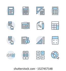 Set of Calculation Vector Line Icons. Contains such Icons as Calculator Icon, Pencil, Click, Money Bag, Percent symbol, Square and Ruler. Editable Stroke.  