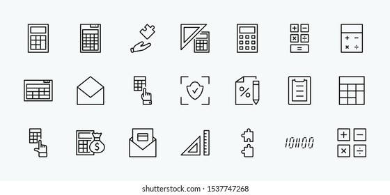 Set of Calculation Vector Line Icons. Contains such Icons as Calculator Icon, Pencil, Click, Money Bag, Percent symbol, Square and Ruler. Editable Stroke. 32x32 Pixel Perfect.
