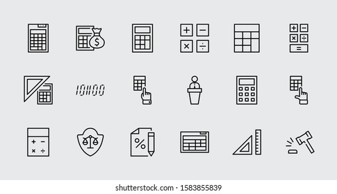 Set of Calculation Vector Line Icons. Contains such Icons as Calculator Icon, Pencil, Click, Money Bag, Percent symbol, Square and Ruler. Editable Stroke. 32x32 Pixel Perfect.