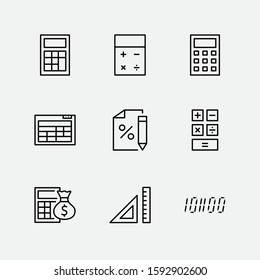Set of Calculation Vector Line Icons. Contains such Icons as Calculator Icon, Pencil, Click, Money Bag, Percent symbol, Square and Ruler. Editable Stroke. 32x32 Pixel Perfect.