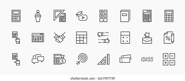 Set of Calculation Vector Line Icons. Contains such Icons as Calculator Icon, Pencil, Click, Money Bag, Percent symbol, Square and Ruler. Editable Stroke. 32x32 Pixel Perfect.