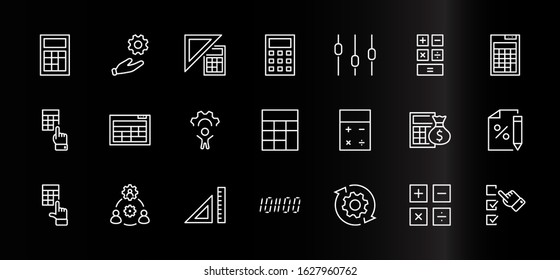 Set of Calculation Vector Line Icons. Contains such Icons as Calculator Icon, Pencil, Click, Money Bag, Percent symbol, Square and Ruler. Editable Stroke. 32x32 Pixels
