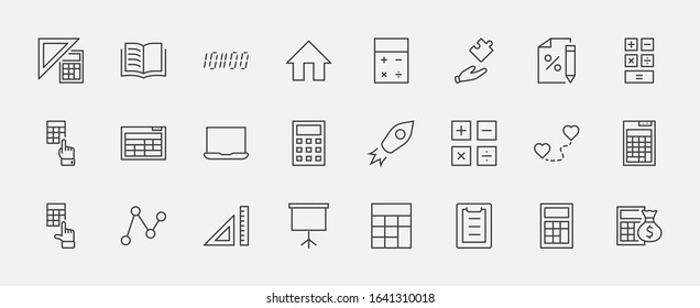 Set of Calculation Vector Line Icons. Contains such Icons as Calculator Icon, Pencil, Click, Money Bag, Percent symbol, Square and Ruler. Editable Stroke. 32x32 Pixels