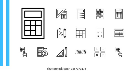 Set of Calculation Vector Line Icons. Contains such Icons as Calculator Icon, Pencil, Click, Money Bag, Percent symbol, Square and Ruler. Editable Stroke. 32x32 Pixels