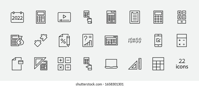 Set Of Calculation Vector Line Icons. Contains Such Icons As Calculator Icon, Pencil, Click, Money Bag, Percent Symbol, Square And Ruler. Editable Stroke. 32x32 Pixels