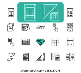 Set of Calculation Vector Line Icons. Contains such Icons as Calculator Icon, Pencil, Click, Money Bag, Percent symbol, Square and Ruler. Editable Stroke. 32x32 Pixels
