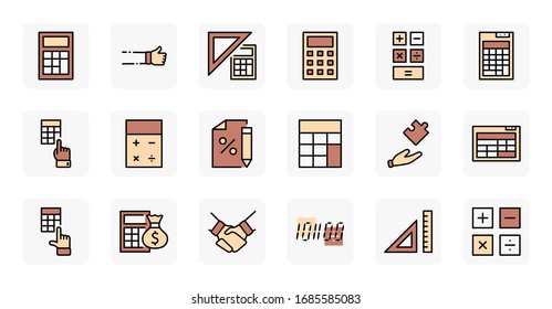 Set of Calculation Vector Line Icons. Contains such Icons as Calculator Icon, Pencil, Click, Money Bag, Percent symbol, Square and Ruler. Editable Stroke. 32x32 Pixel Perfect.