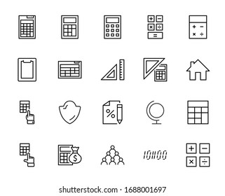 Set of Calculation Vector Line Icons. Contains such Icons as Calculator Icon, Pencil, Click, Money Bag, Percent symbol, Square and Ruler. Editable Stroke. 32x32 Pixels