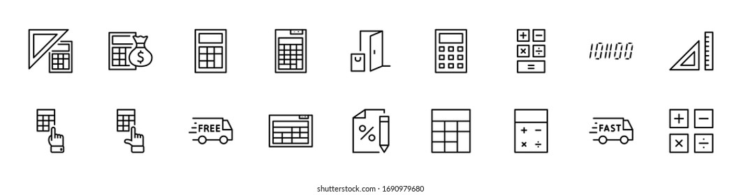 Set of Calculation Vector Line Icons. Contains such Icons as Calculator Icon, Pencil, Click, Money Bag, Percent symbol, Square and Ruler. Editable Stroke. 32x32 Pixels