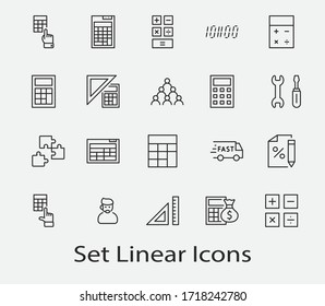 Set of Calculation Vector Line Icons. Contains such Icons as Calculator Icon, Pencil, Click, Money Bag, Percent symbol, Square and Ruler. Editable Stroke. 32x32 Pixels
