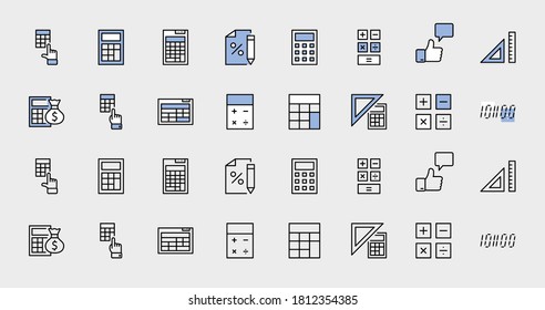 Set of Calculation Vector Line Icons. Contains such Icons as Calculator Icon, Pencil, Click, Money Bag, Percent symbol, Square and Ruler. Editable Stroke. 32x32 Pixel Perfect.
