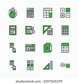 Set of Calculation Vector Line Icons. Contains such Icons as Calculator Icon, Pencil, Click, Money Bag, Percent symbol, Square and Ruler. Editable Stroke. 32x32 Pixel Perfect.