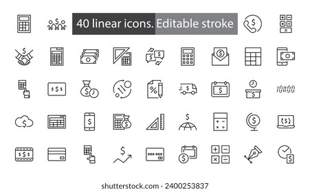 Set of Calculation Vector Line Icons. Contains such Icons as Calculator Icon, Pencil, Click, Money Bag, Percent symbol, Square and Ruler. Editable Stroke. 32x32 Pixels