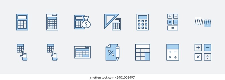 Satz von Vektorzeilensymbolen zur Berechnung. Enthält Symbole wie Calculator Icon, Pencil, Click, Money Bag, Percent Symbol, Square und Ruler. Bearbeitbarer Stroke. 32x32 Pixel perfekt.