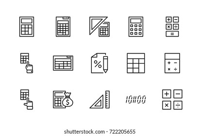 Set of Calculation Vector Line Icons. Contains such Icons as Calculator Icon, Pencil, Click, Money Bag, Percent symbol, Square and Ruler. Editable Stroke. 32x32 Pixel Perfect.