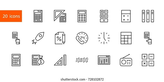 Set Of Calculation Vector Line Icons. Contains Such Icons As Calculator Icon, Pencil, Click, Money Bag, Percent Symbol, Square And Ruler. Editable Stroke. 32x32 Pixel Perfect.