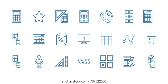 Set Of Calculation Vector Line Icons. Contains Such Icons As Calculator Icon, Pencil, Click, Money Bag, Percent Symbol, Square And Ruler. Editable Stroke. 32x32 Pixel Perfect.