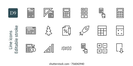 Set of Calculation Vector Line Icons. Contains such Icons as Calculator Icon, Pencil, Click, Money Bag, Percent symbol, Square and Ruler. Editable Stroke. 32x32 Pixel Perfect.