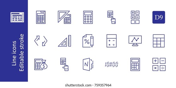 Set of Calculation Vector Line Icons. Contains such Icons as Calculator Icon, Pencil, Click, Money Bag, Percent symbol, Square and Ruler. Editable Stroke. 32x32 Pixel Perfect.